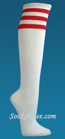White with Red Striped High Quality Women's Knee High Socks