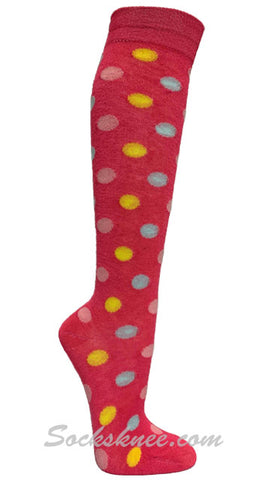 Pink / Sky / Yellow Polka Dots Bright Pink Women Knee High Socks