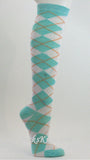 Light Sky Blue White Argyle knee sock for Women