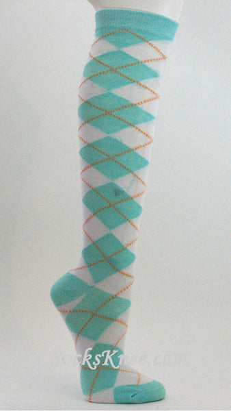 Light Sky Blue White Argyle knee sock for Women