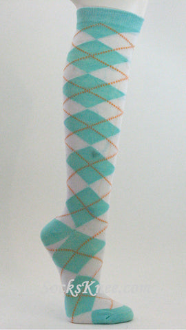 Light Sky Blue White Argyle knee sock for Women