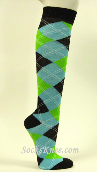 Sky Blue Lime Green Black Argyle High Knee Socks for Women