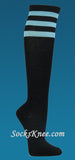 Black with Sky Blue 3line Striped Womens Knee Socks