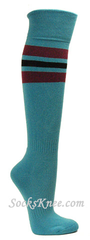 Sky Blue Black Cotton Knee Socks, Maroon Black striped