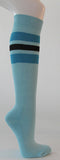 Light sky blue cotton knee socks bright blue black striped