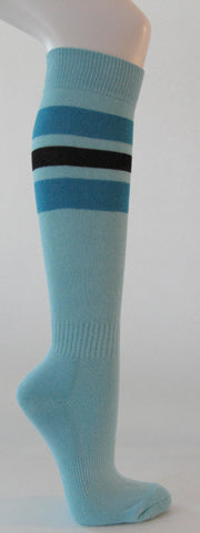 Light sky blue cotton knee socks bright blue black striped