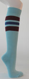 Light sky blue cotton knee socks maroon blue striped