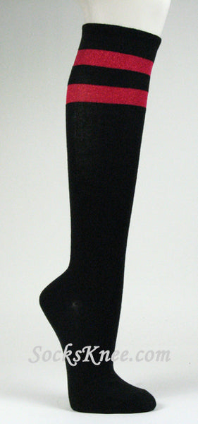 Sparkling Red Striped Black Knee High Socks for Women