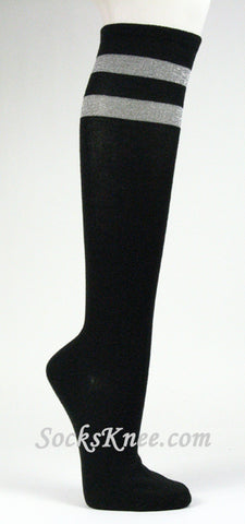 Sparkling Silver Striped Black Knee High Socks for Women