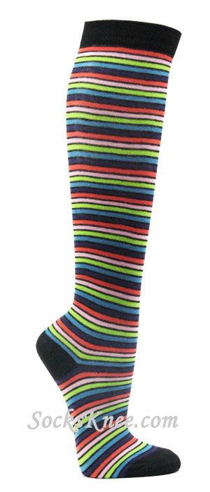 Black Pink Red Lime Green Light Blue Thin Striped Knee Socks