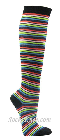 Black Pink Red Lime Green Light Blue Thin Striped Knee Socks