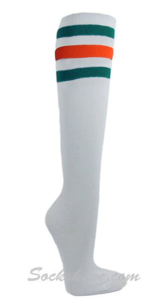 White Premium Quality with Teal Orange stripes Women knee High socks