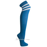 Turquoise Cotton Thigh High White Triple Striped Women Socks