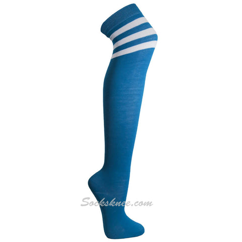 Turquoise Cotton Thigh High White Triple Striped Women Socks