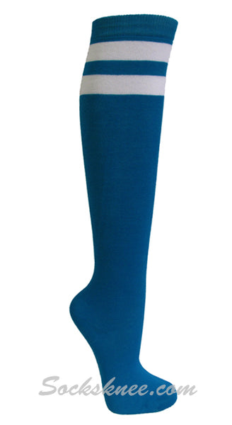 Turquoise and 2 White Stripes Knee High Socks for Women & Junior