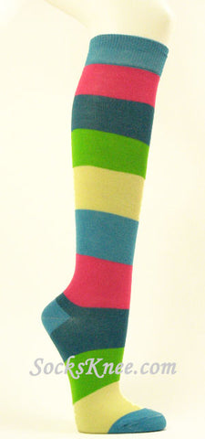 Turquoise Pink Lime Green Wider Striped Knee high socks