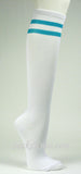 2 Turquoise Striped White Knee Socks for Women