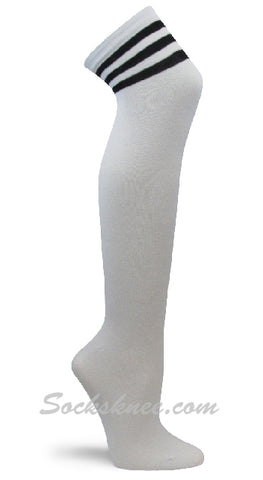 White With Black Triple Stripes Women Cosplay Over Knee Socks