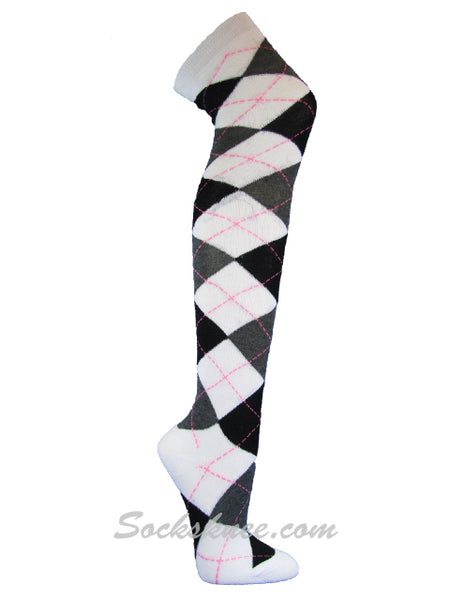 White Charcoal Black Ladies Over Knee Argyle Socks