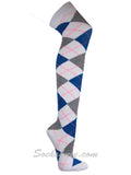 White Gray Blue Women Thigh High Argyle Socks