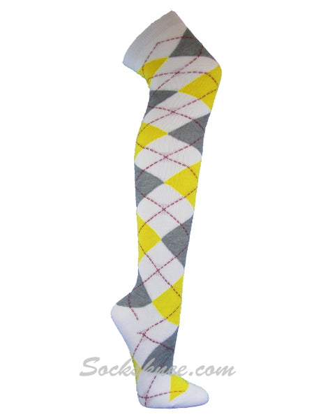 White Gray Yellow Women Over Knee Argyle Socks