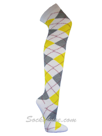 White Gray Yellow Women Over Knee Argyle Socks
