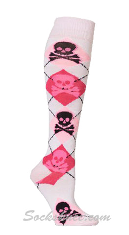 Skulls White Women Light Pink Hot Pink Argyle Knee High Socks