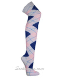 White Light Pink Blue Over Knee Thigh High Argyle Socks