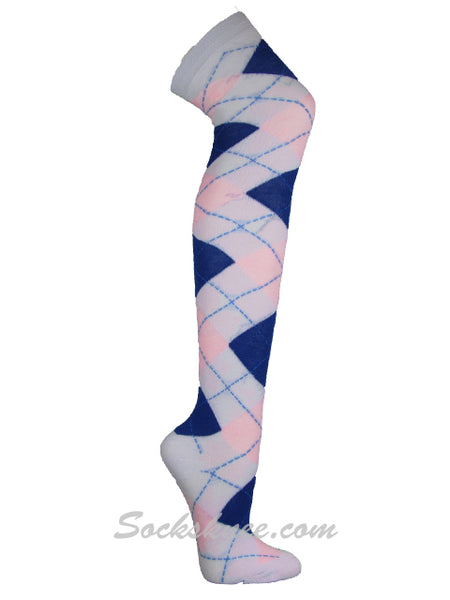 White Light Pink Blue Over Knee Thigh High Argyle Socks