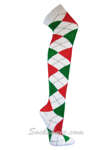 White Red Green Women Over Knee Argyle Socks