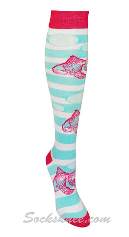 White Light Sky Blue Striped Women Fish Knee High Socks