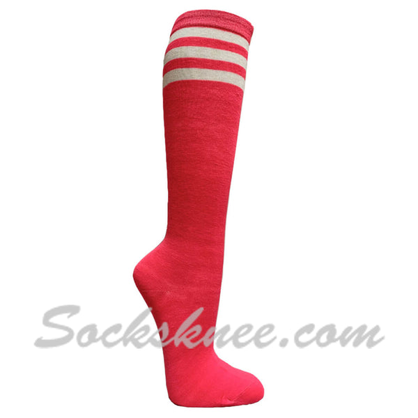 Women's Bright Pink with 3 White Stripes  Knee High Socks