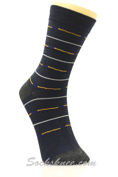 White Yellow Blue Lines in Navy Mens Dress Socks