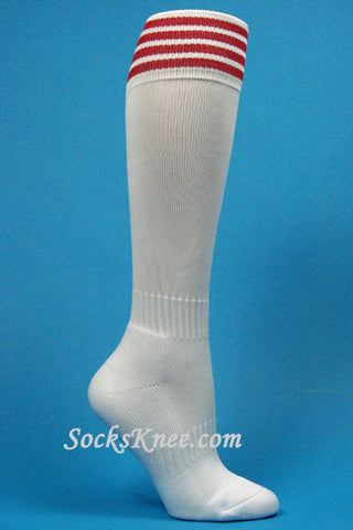 White and Red Kid/Youth Football Sport High Socks