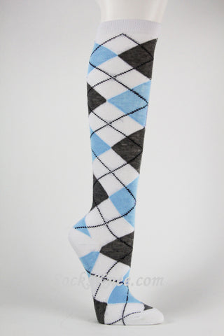 White Charcoal Light Sky Blue Argyle Knee Sock