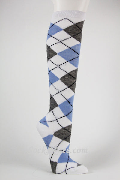 White Light Gray Light Blue Argyle Knee Sock