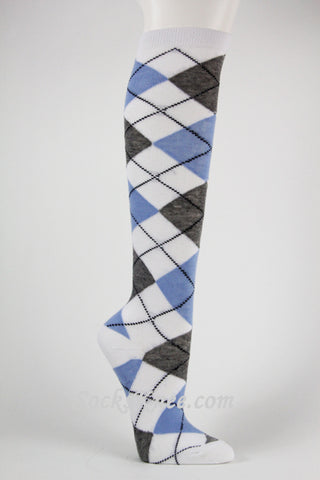 White Light Gray Light Blue Argyle Knee Sock