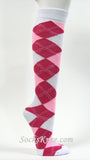 White Hot Pink Pink Argyle High Knee Socks for Women