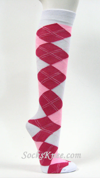 White Hot Pink Pink Argyle High Knee Socks for Women
