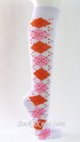 White Orange Pink Women's Argyle Knee Socks