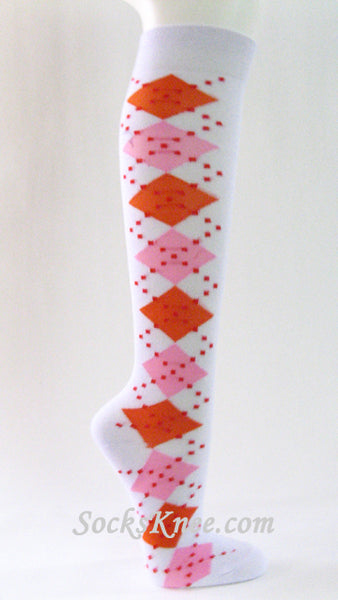 White Orange Pink Women's Argyle Knee Socks