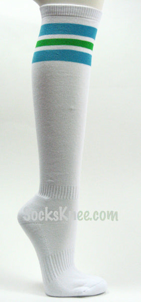 White Athletic knee sock with Light Blue & Bright Green Stripes