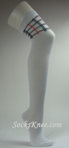 Plaid Striped on Thigh White Over Knee Sock for Women