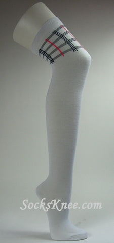 Plaid Striped on Thigh White Over Knee Sock for Women