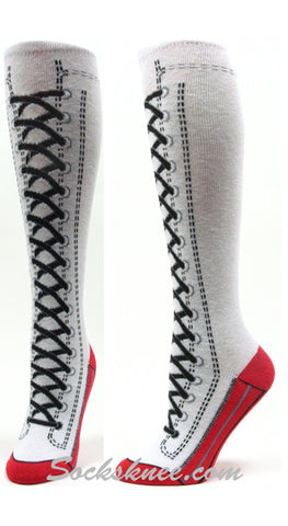 White Lace-up Boots design kids youth high knee socks