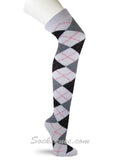 Argyle White Gray Black Ladies Women Thigh High Over knee Socks