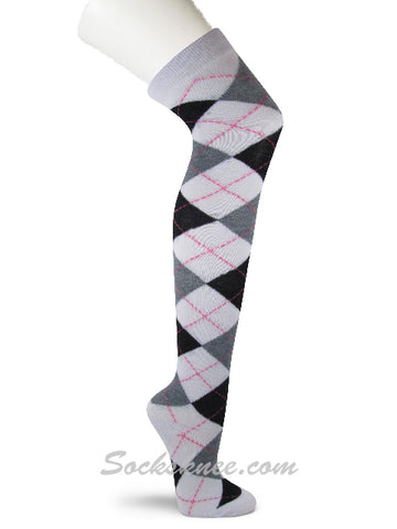 Argyle White Gray Black Ladies Women Thigh High Over knee Socks