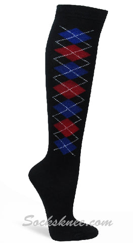 Women Blue / Red Argyle Designed Black Knee High Socks
