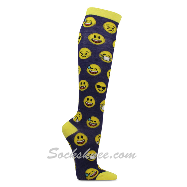 Women's Girls Colorful Emoji Emoticon Face Printed Knee High Socks