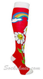 Rainbow & Flower Red Women Knee High Fashion Socks